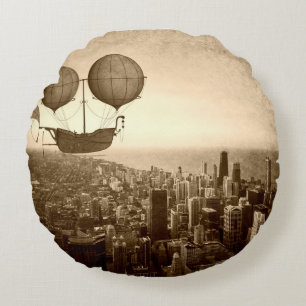 Airship Over Chicago Round Cushion