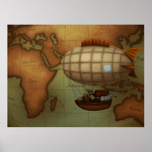 Airship Over Eastern Hemisphere Map Large Poster