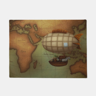 Airship Over Eastern Hemisphere Map Steampunk Doormat