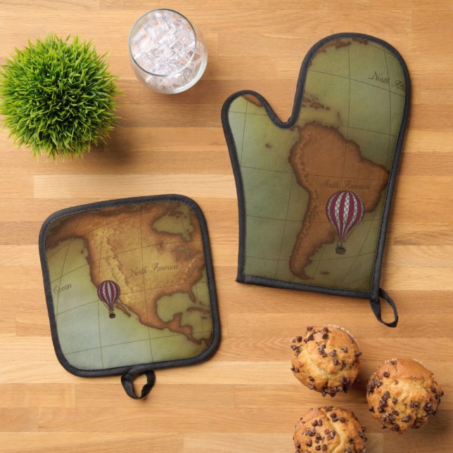 Airship over Western Hemishphere Steampunk Map Oven Mitt & Pot Holder Set (Top Down)