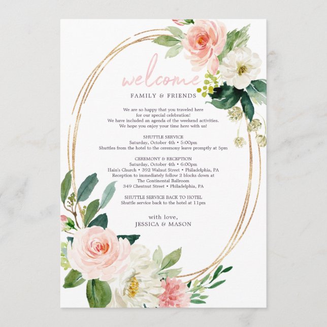 Airy Blush Floral Wedding Welcome Itinerary Programme (Front)