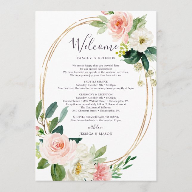 Airy Blush Wedding Itinerary - Wedding Welcome Programme (Front)