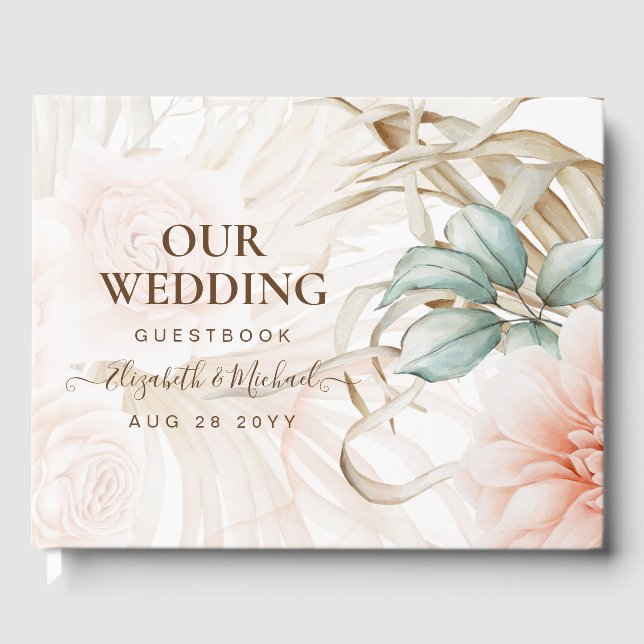 Airy BOHO Pampas Grass Light Peach Wedding Guest Book (Front)