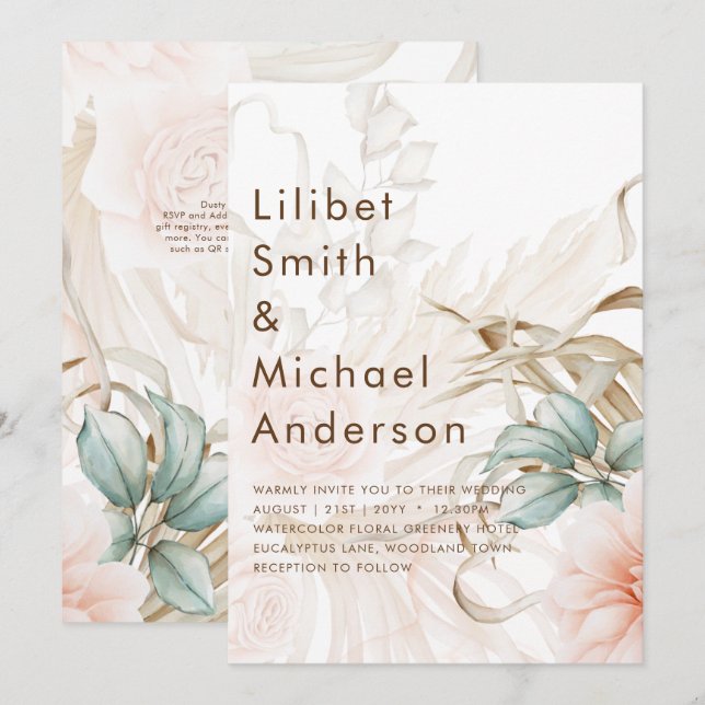 Airy BOHO Pampas Grass Light Peach Wedding Invitation (Front/Back)