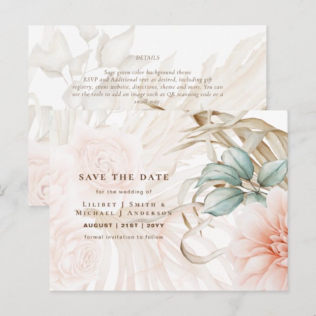 Airy BOHO Pampas Grass Light Peach Wedding Postcard (Front/Back)