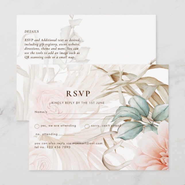 Airy BOHO Pampas Grass Light Peach Wedding Postcard (Front/Back)