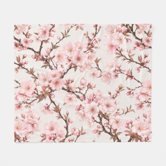 Airy Cherry Blossom Botanical Art Fleece Blanket (Front (Horizontal))