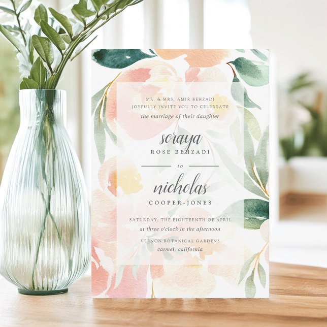 Airy Floral Peach Blush & Sage Watercolor Wedding Invitation (Creator Uploaded)