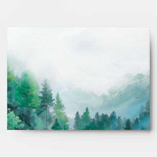 Airy Green and Blue Watercolor Mountains Wedding Envelope