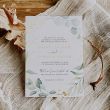 Airy Greenery and Gold Foil Leaf Names Wedding