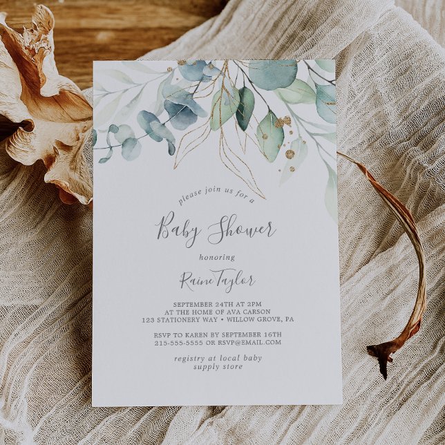 Airy Greenery and Gold Leaf Baby Shower Invitation (Creator Uploaded)