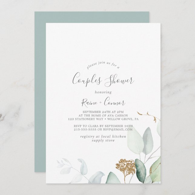 Airy Greenery and Gold Leaf Couples Shower Invitation (Front/Back)