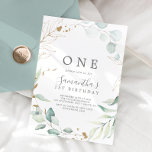 Airy Greenery and Gold Leaf First Birthday Party Invitation<br><div class="desc">This airy greenery and gold leaf first birthday invitation is perfect for a modern birthday party. The elegant botanical design features light and airy watercolor eucalyptus accented with whimsical gold glitter leaves.</div>