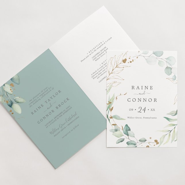 Airy Greenery and Gold Leaf Formal Folded Wedding Invitation (Creator Uploaded)