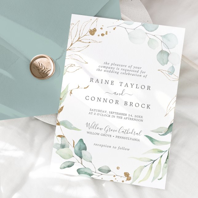 Airy Greenery and Gold Leaf Formal Wedding Invitation (Creator Uploaded)