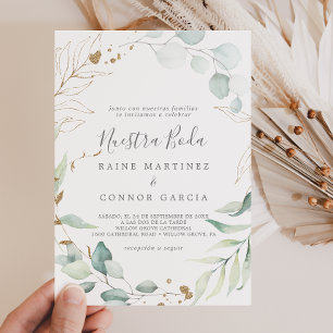 Airy Greenery and Gold Leaf Spanish Nuestra Boda Invitation