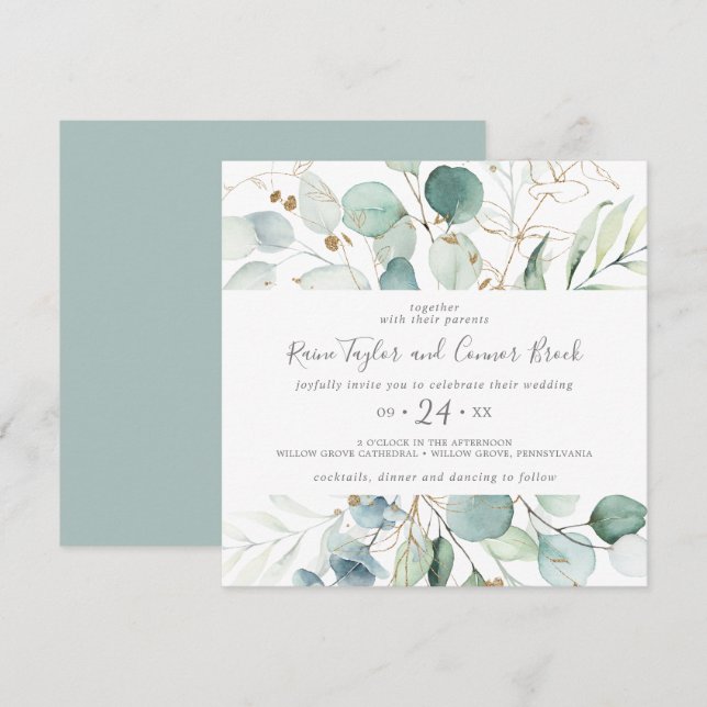 Airy Greenery and Gold Leaf Square Wedding Invitation (Front/Back)