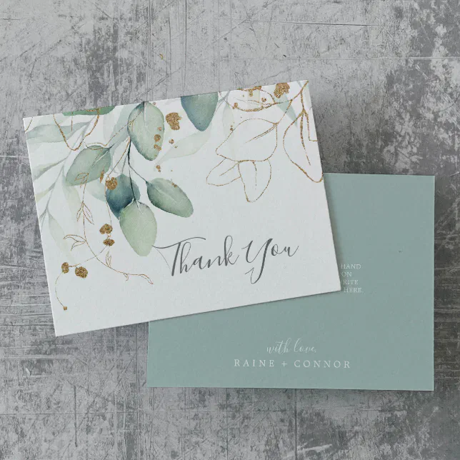 Airy Greenery and Gold Leaf Thank You Card | Zazzle