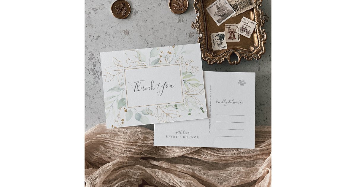 Airy Greenery and Gold Leaf Thank You Postcard | Zazzle