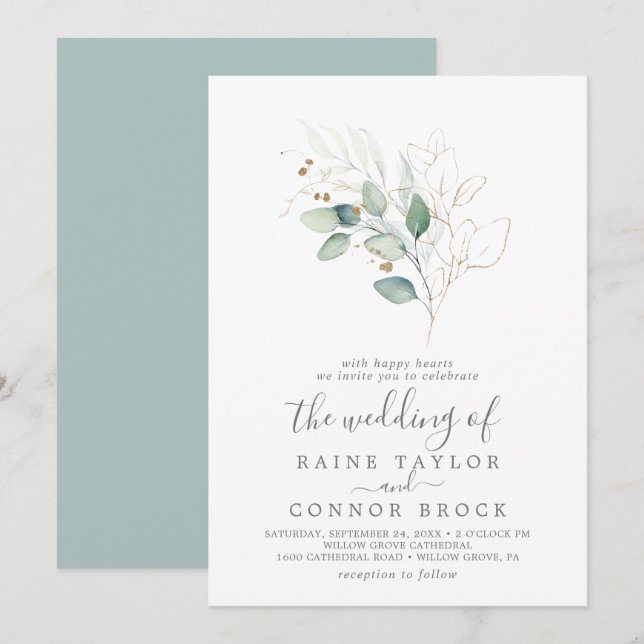 Airy Greenery and Gold Leaf The Wedding Of Invitation (Front/Back)