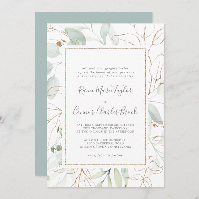 Airy Greenery and Gold Leaf Traditional Wedding Invitation (Front/Back)