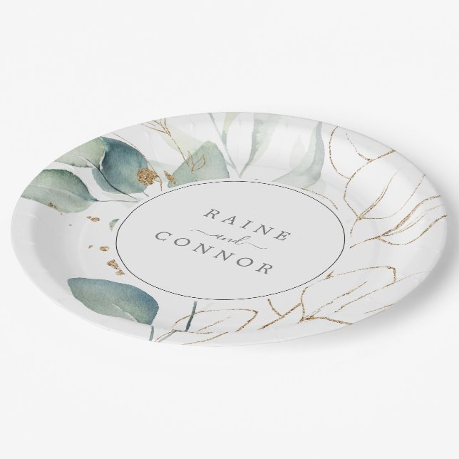 Airy Greenery and Gold Leaf Wedding Cake Paper Plate (Angled)