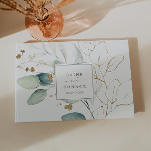 Airy Greenery and Gold Leaf Wedding Guest Book