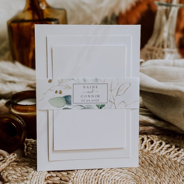 Airy Greenery and Gold Leaf Wedding Invitation Belly Band (Creator Uploaded)