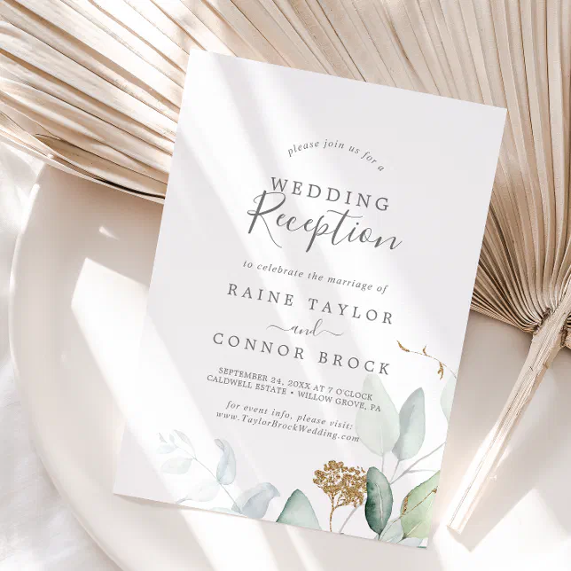 Airy Greenery and Gold Leaf Wedding Reception Invitation | Zazzle