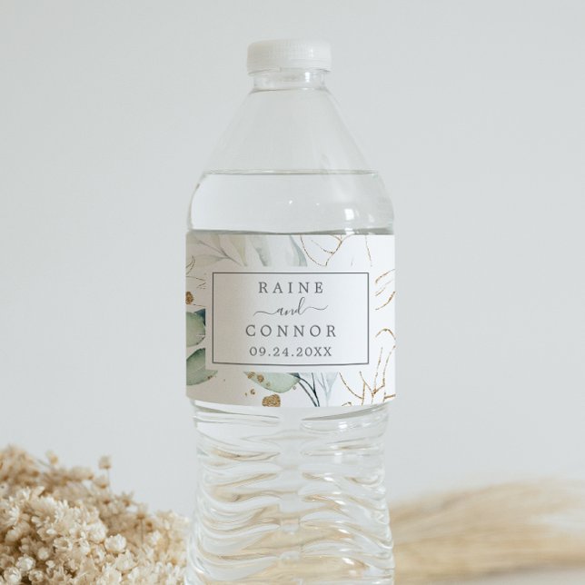 Airy Greenery and Gold Leaf Wedding Water Bottle Label (Creator Uploaded)