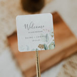 Airy Greenery and Gold Leaf Wedding Welcome Square Sticker<br><div class="desc">These airy greenery and gold leaf wedding welcome stickers are perfect for a modern wedding. The elegant botanical design features light and airy watercolor eucalyptus accented with whimsical gold glitter leaves. Personalise these stickers with the location of your wedding, names, and wedding date. These labels are perfect for destination weddings...</div>