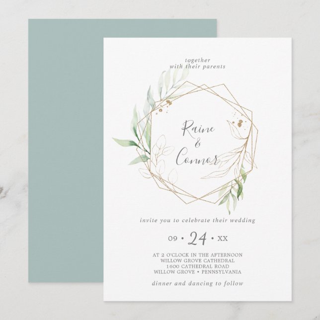 Airy Greenery and Gold Leaf Wreath Wedding Invitation (Front/Back)
