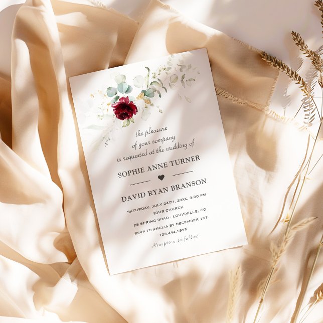 Airy Greenery Burgundy Floral Gold Wedding Invitation (Creator Uploaded)