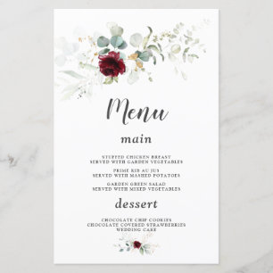 Airy Greenery Burgundy Floral Gold Wedding Menu