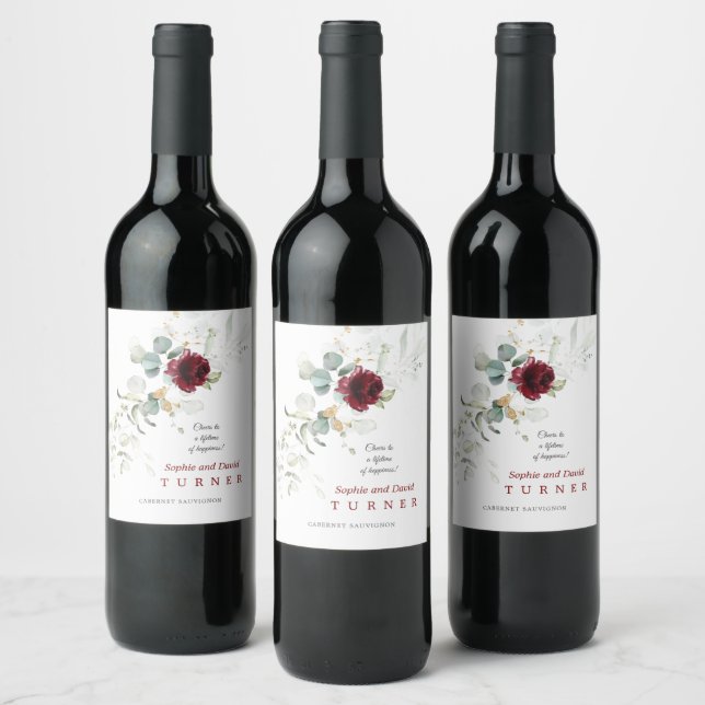 Airy Greenery Burgundy Floral Gold Wedding  Wine Label (Bottles)