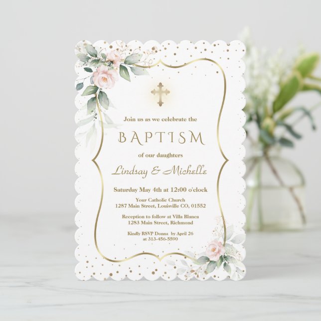 Airy Greenery Flowers Gold Cross Twins Baptism  Invitation (Standing Front)