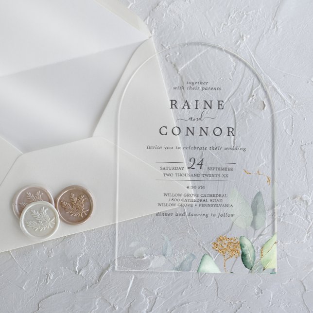Airy Greenery Gold Leaf Arch Elegant Wedding Acrylic Invitations (Airy Greenery Gold Leaf Arch Elegant Wedding Acrylic Invitations)