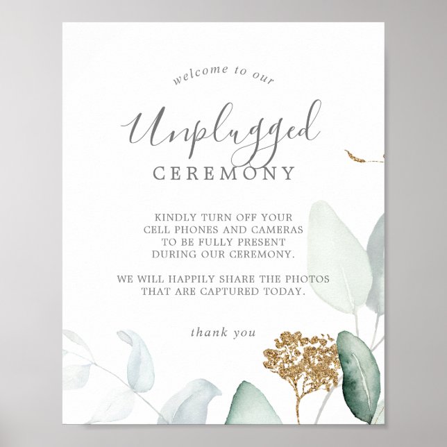 Airy Greenery & Gold Leaf Unplugged Ceremony Sign (Front)