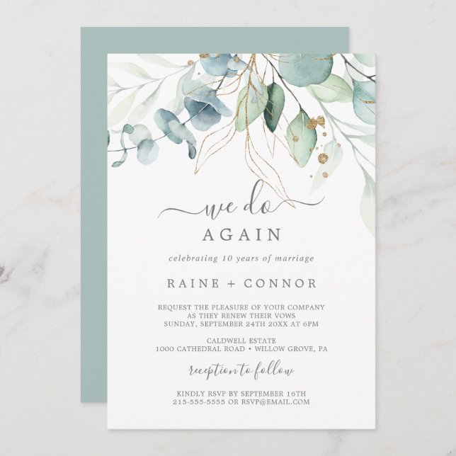 Airy Greenery & Gold Leaf We Do Again Vow Renewal Invitation (Front/Back)