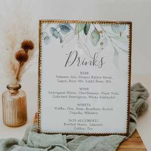 Airy Greenery & Gold Leaf Wedding Drinks Menu Sign