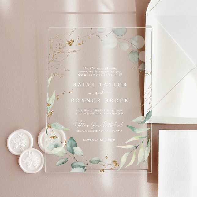 Airy Greenery Gold Leaf White Boho Modern Wedding Acrylic Invitations (Airy Greenery Gold Leaf White Boho Modern Wedding Acrylic Invitations)