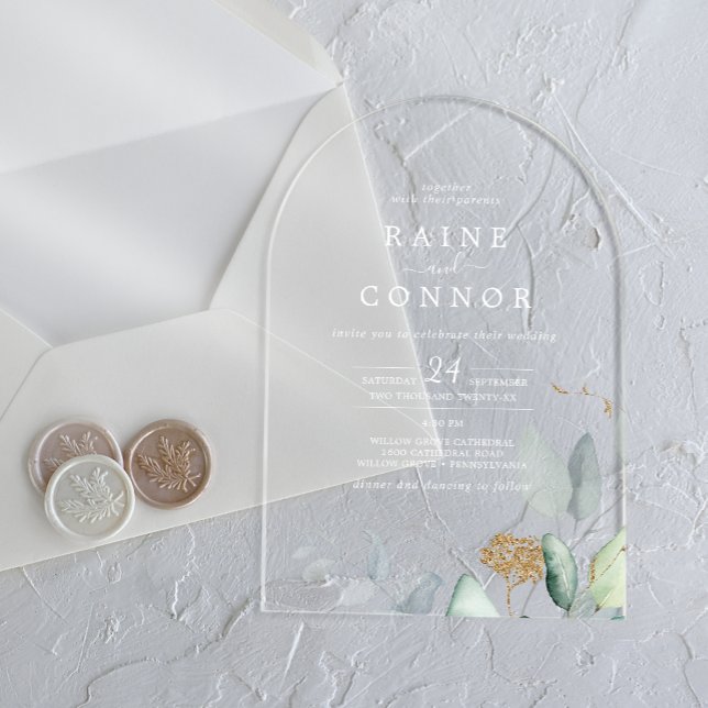 Airy Greenery Gold Leaf White Elegant Wedding Acrylic Invitations (Airy Greenery Gold Leaf White Elegant Wedding Acrylic Invitations)