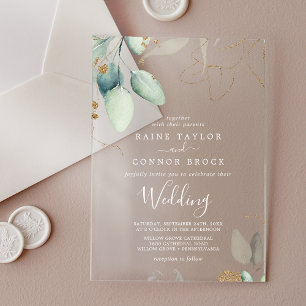 Airy Greenery Gold Leaf White Eucalyptus Wedding Acrylic Invitations