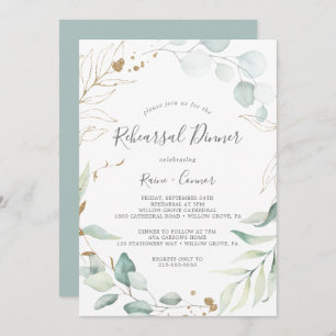 Airy Greenery & Gold Leaf Wreath Rehearsal Dinner Invitation