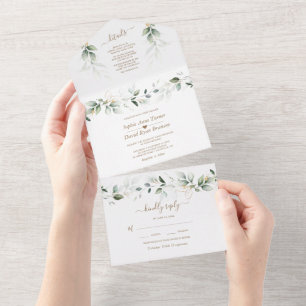 Airy Greenery Gold  Monogram All in One Wedding  Invitation