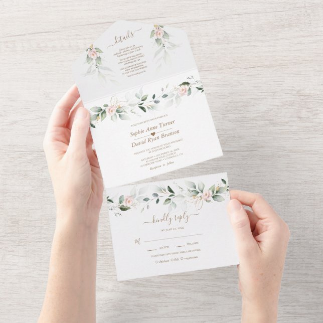 Airy Greenery Gold Pink Blush Flowers Wedding All In One Invitation (Tearaway)