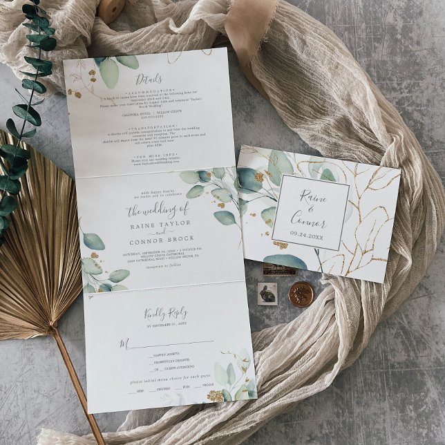 Airy Greenery | Leaf Back Wedding All In One Tri-Fold Invitation (Creator Uploaded)