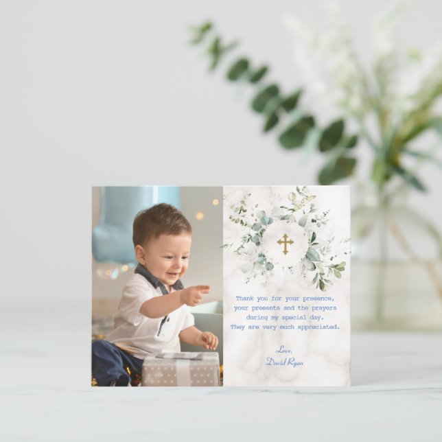 Airy Greenery Marble Photo Boy Gold Baptism   Thank You Card (Standing Front)