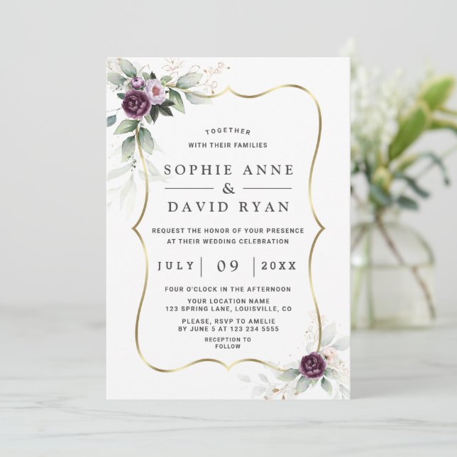 Airy Greenery Purple Pink Flowers Gold Wedding  Invitation (Standing Front)