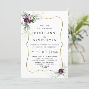 Airy Greenery Purple Pink Flowers Gold Wedding  Invitation